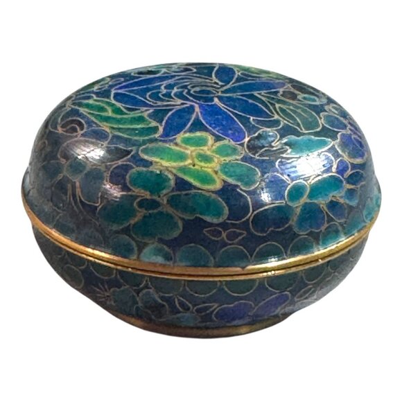 Vintage Cloisonné Round Trinket Box Antique Floral Design Blue & Green Enamel - Picture 7 of 8